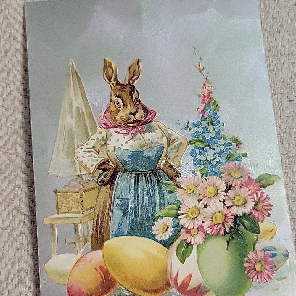 Vintage Easter Card with Mother Bunny and Colorful Eggs And Flowers